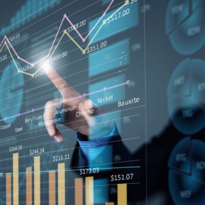 Hand pointing at a hologram that shows property market forecast