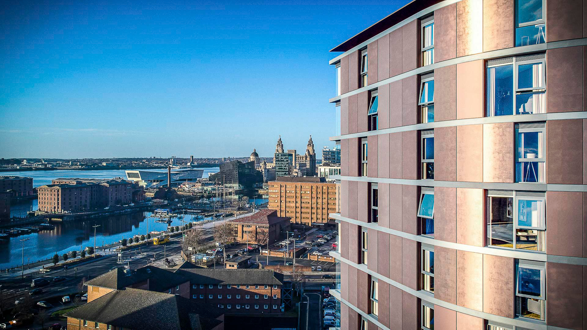 Exterior daytime shot of Maritime View showcasing Liverpool's skyline