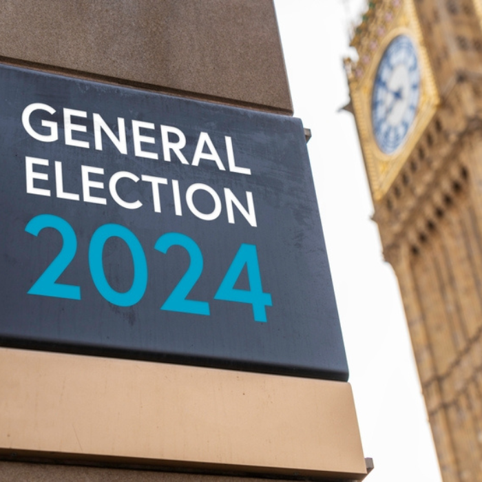 General Election 2024 sign in front of Westminster