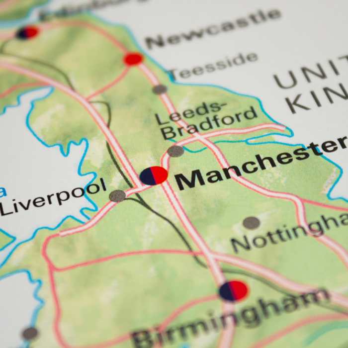 Map of the United Kingdom with a focus on Liverpool and Manchester