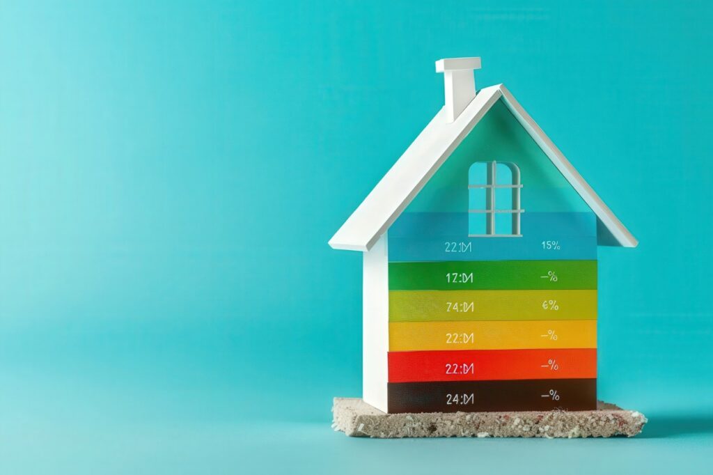 colorful energy efficiency rating chart shaped like a house